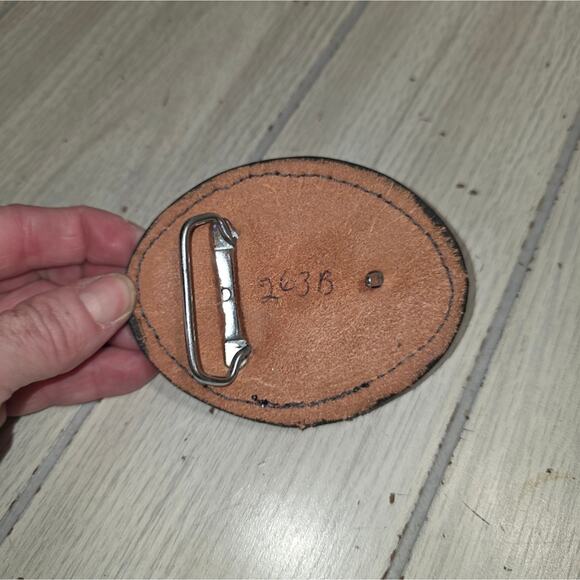 Vtg Tooled Brown Leather Motorcycle Belt Buckle Oval Embossed Western 4" Biker - Picture 2 of 5